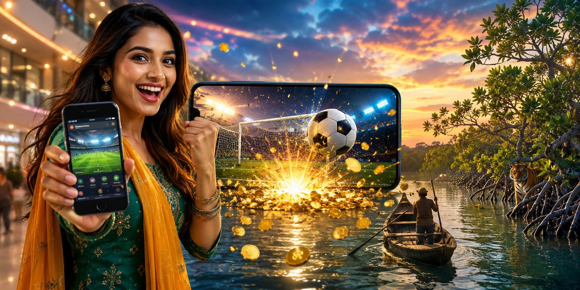 সুন্দরবনের পটভূমিতে bookmakers ফুটবল বেটিং উপভোগ করছেন একজন বাংলাদেশি ব্যবহারকারী