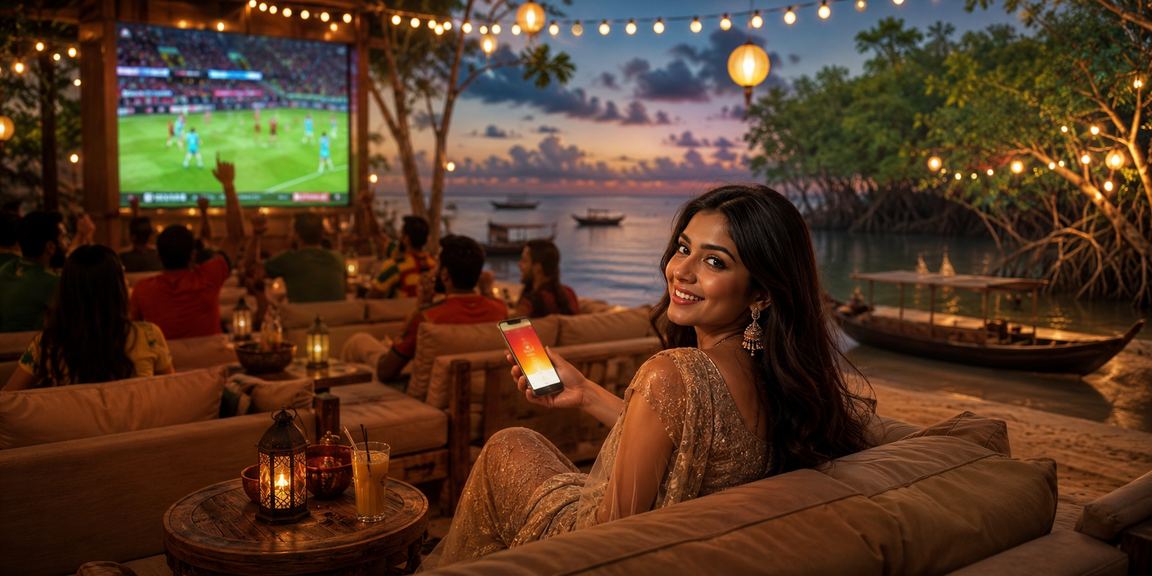সুন্দরবনের সমুদ্র সৈকতে bookmakers মোবাইল পেমেন্ট ও বেটিং অভিজ্ঞতা উপভোগ করছেন একজন ব্যবহারকারী